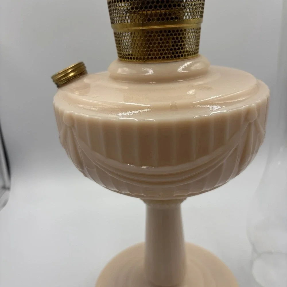 Vtg Aladdin Pink Alacite Uuranium Glass Oil Lamp Model B Tall Lincoln Drape Glow